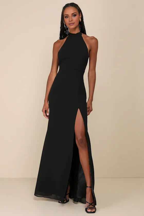 TingPo Wholesale Signature Elegance Captured Your Heart Black Halter Maxi Dress formal wear dresses